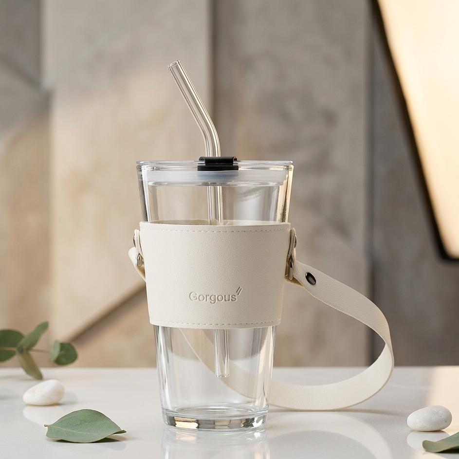 Double Drinking Premium 14oz Glass Tumbler with Glass Straw and Lid