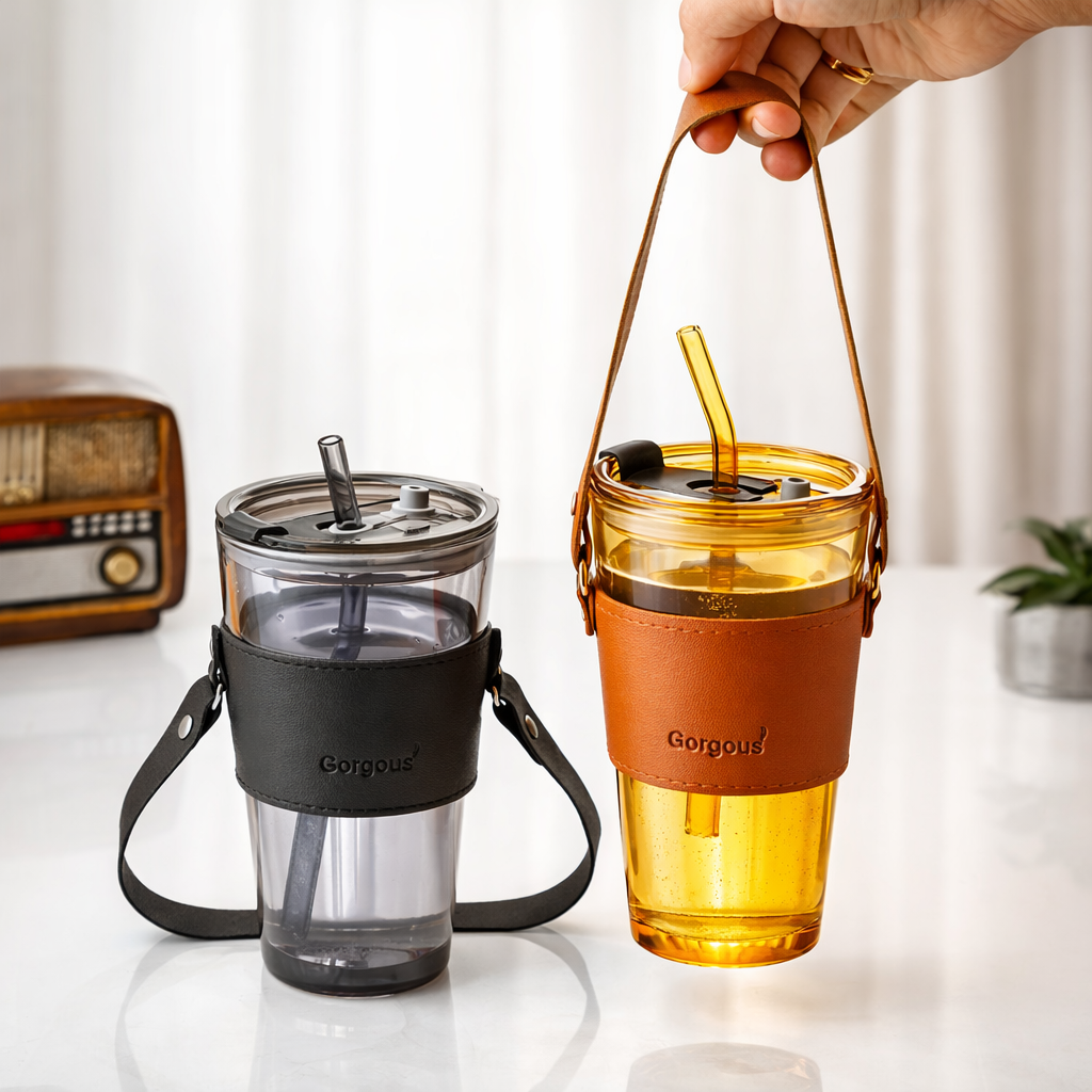 Double Drinking Premium 14oz Glass Tumbler with Glass Straw and Lid