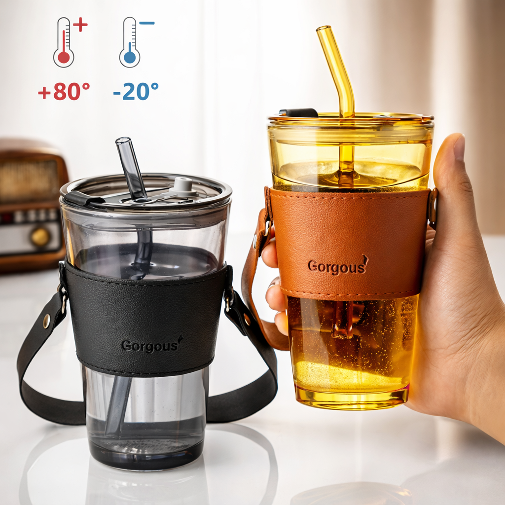 Double Drinking Premium 14oz Glass Tumbler with Glass Straw and Lid