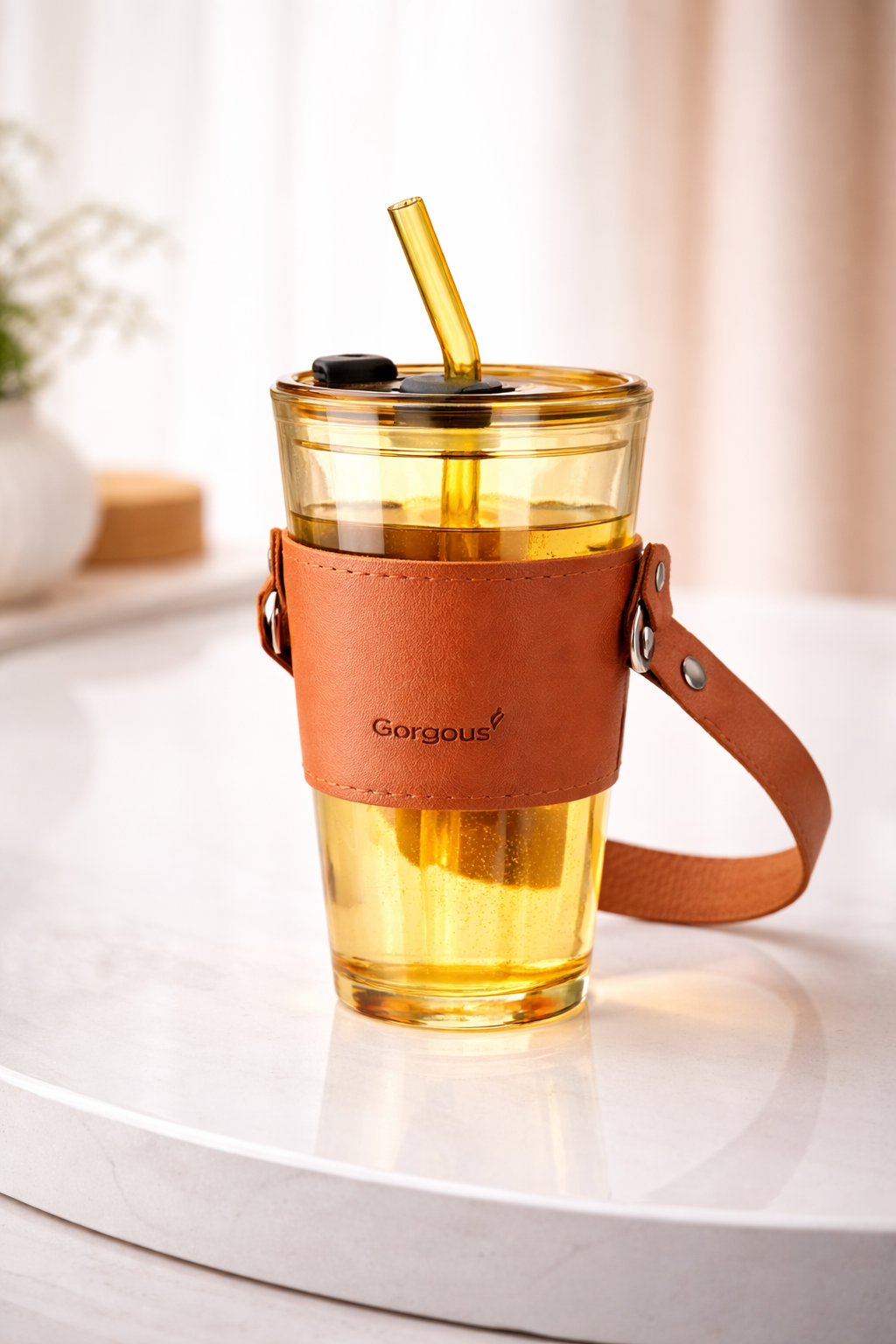 Double Drinking Premium 14oz Glass Tumbler with Glass Straw and Lid