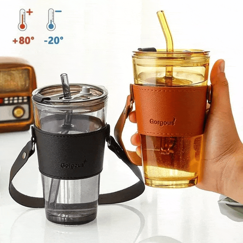 Double Drinking Premium 14oz Glass Tumbler with Glass Straw and Lid