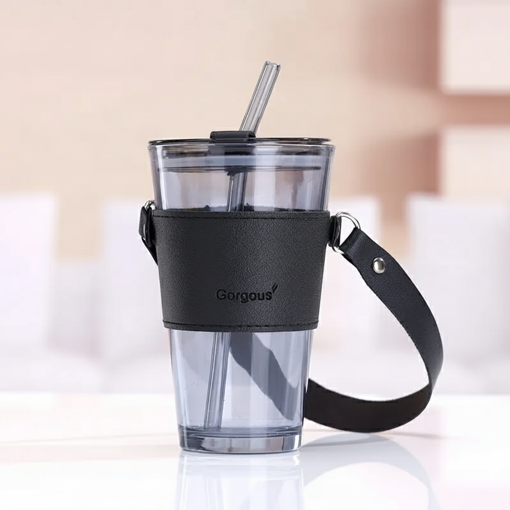 Double Drinking Premium 14oz Glass Tumbler with Glass Straw and Lid